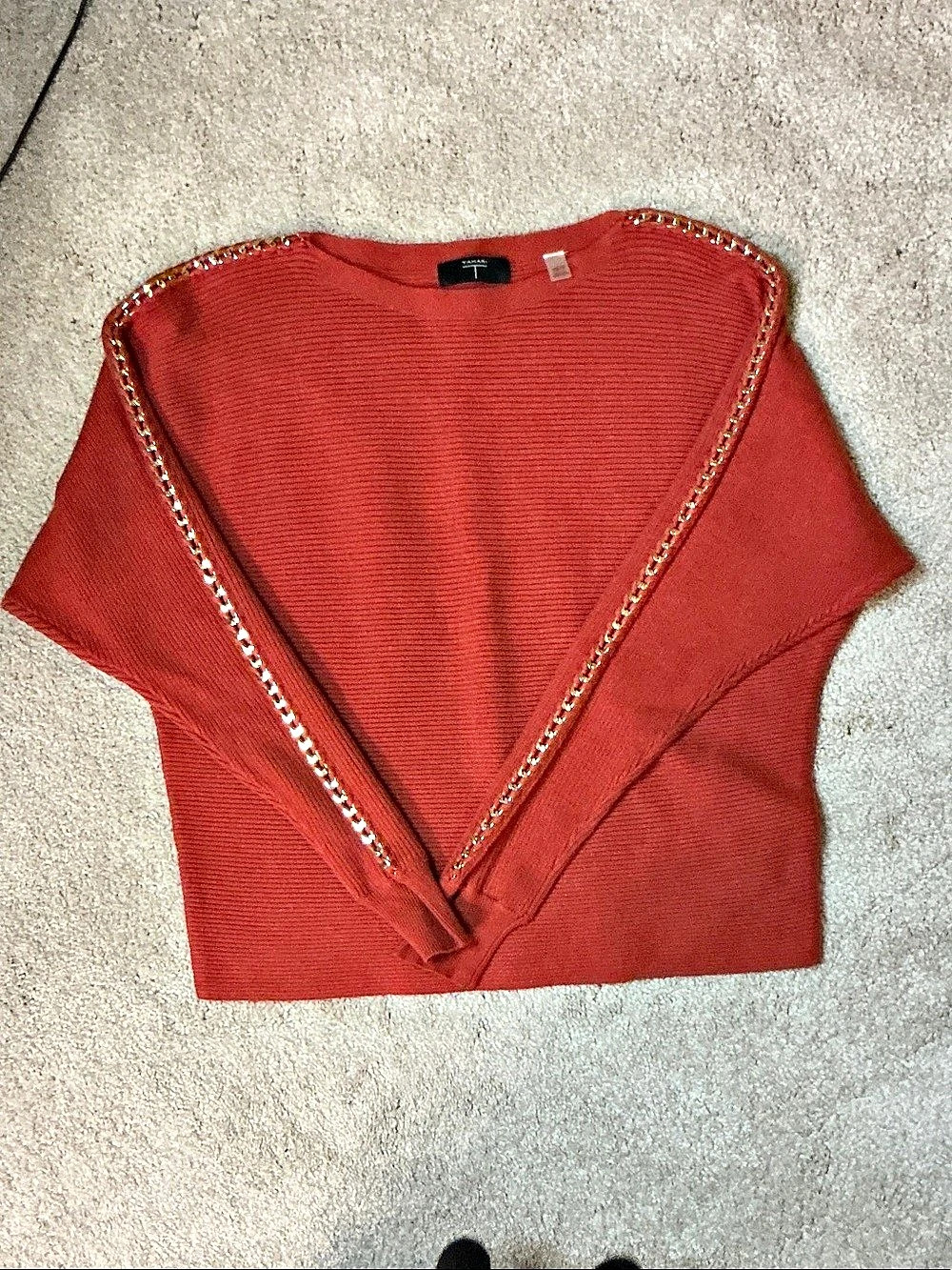 Tahari Chain Trim Short Sleeve Top in Dark Orange Size Small Like New